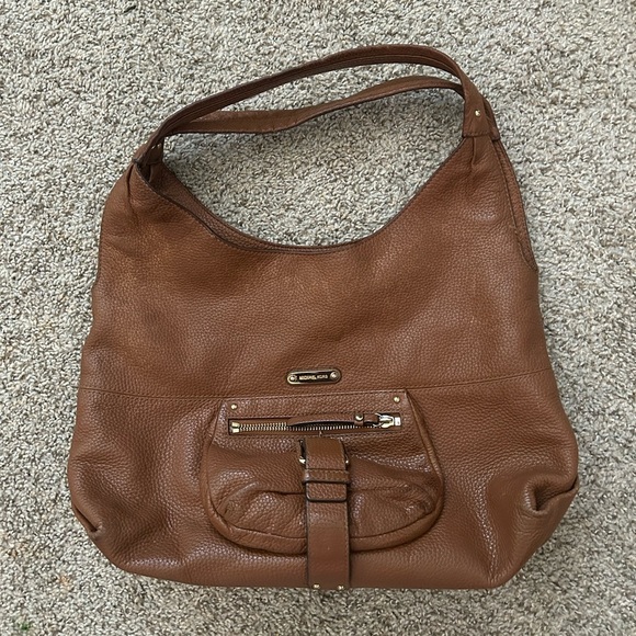 Michael Kors Pebbled Leather Hobo Bucket Shoulder Bag Brown Fulton Purse Tan - Picture 1 of 14